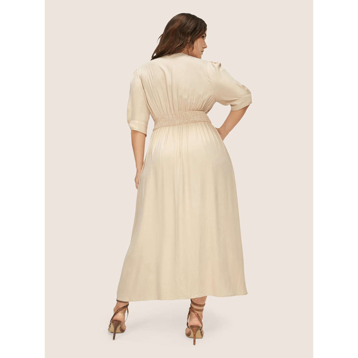 

Plus Size Plunging Neck Button Detail Pocket Maxi Dress Beige Women Gathered V-neck Short sleeve Curvy Long Dress BloomChic
