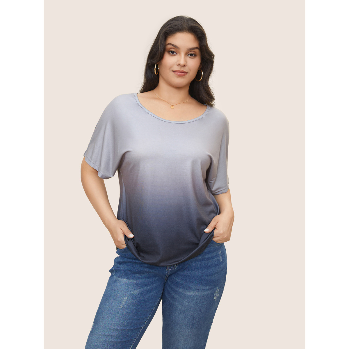 

Plus Size Ombre Round Neck Batwing Sleeve T-shirt Gray Women Casual Round Neck Everyday T-shirts BloomChic