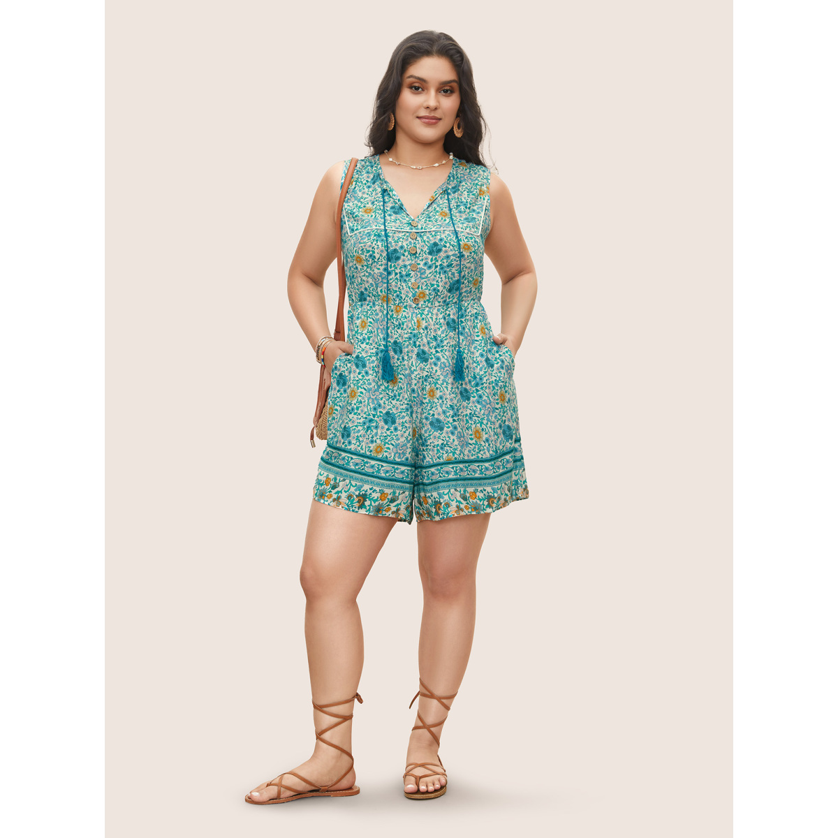 

Plus Size Teal Ditsy Floral Button Detail Ties Tassel Trim Jumpsuit Women Resort Vacation Loose Jumpsuits BloomChic