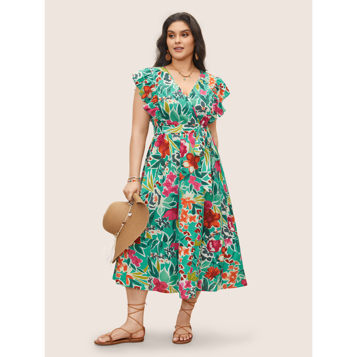 

Plus Size Floral Wrap Patchwork Ruffle Cap Sleeve Dress Emerald Women Belted V-neck Cap Sleeve Curvy BloomChic