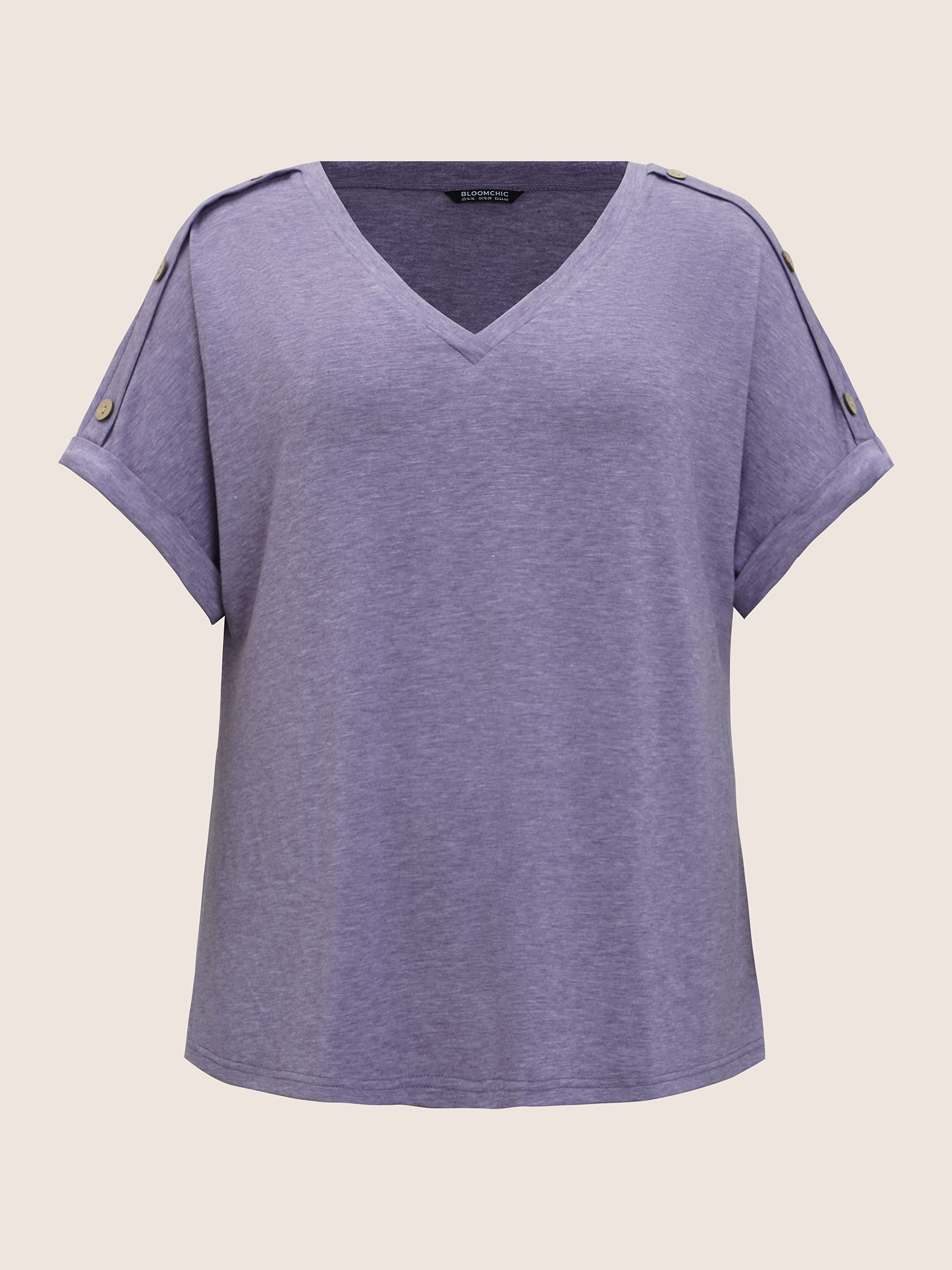 

Plus Size Plain Button Detail Batwing Sleeve T-shirt Mauve Women Casual Plain V-neck Everyday T-shirts BloomChic
