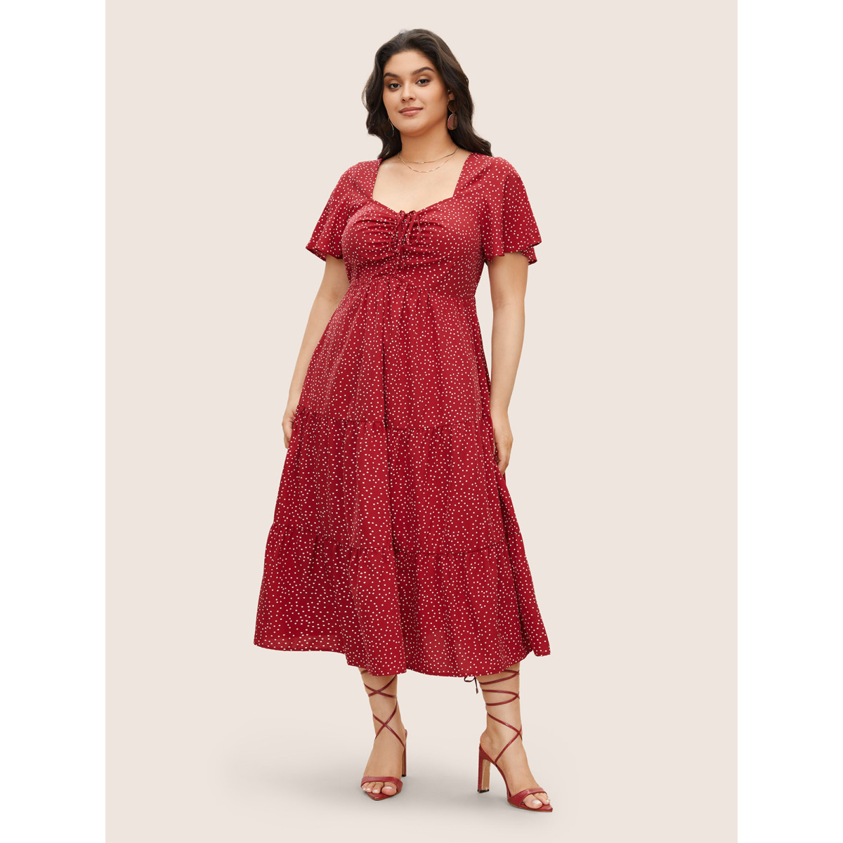 

Plus Size Polka Dot Drawstring Ruffle Tiered Ruched Pocket Midi Dress Red Women Non Curvy Midi Dress BloomChic