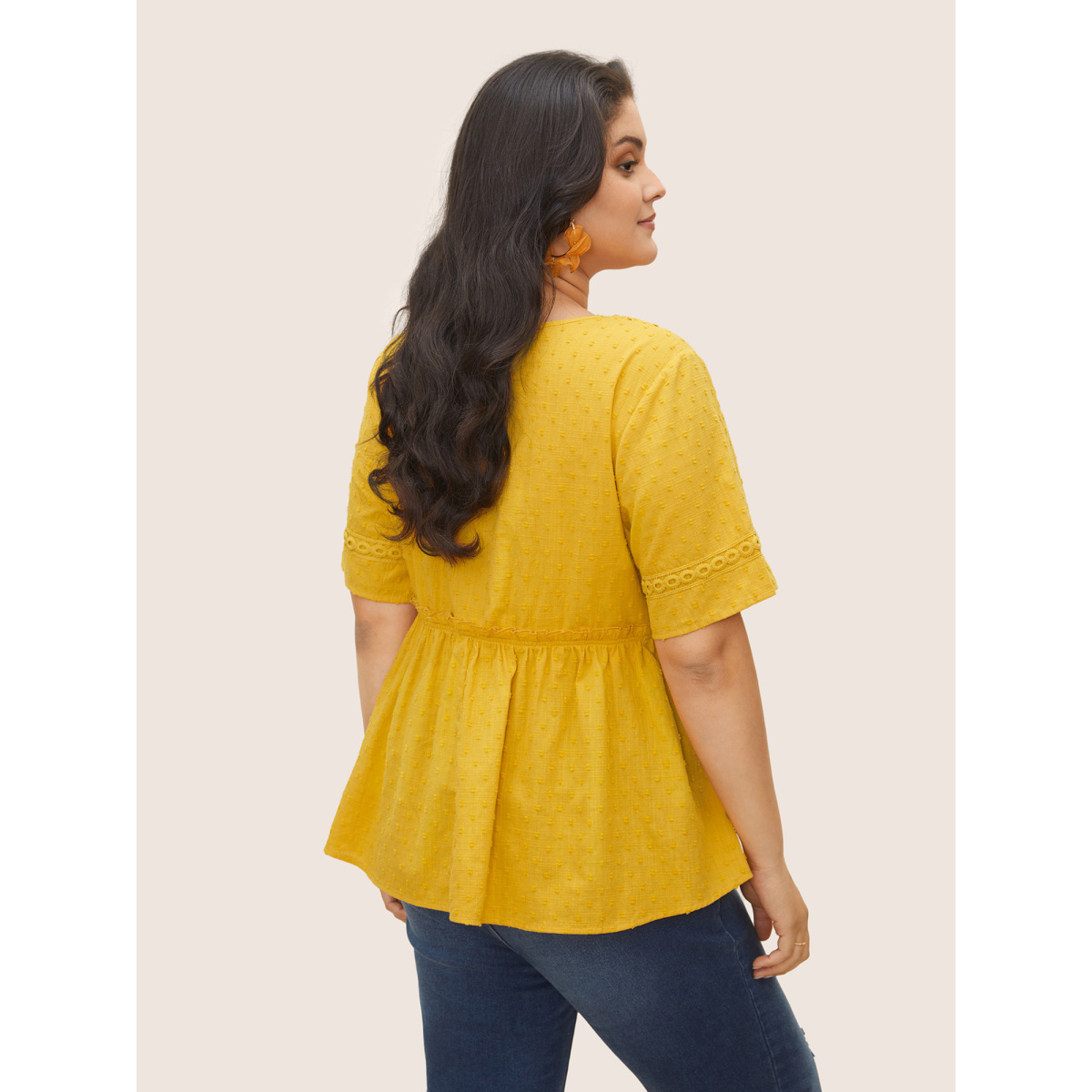 

Plus Size Yellow Solid Woven Ribbon Frill Trim Gathered Blouse Women Resort Short sleeve V-neck Vacation Blouses BloomChic