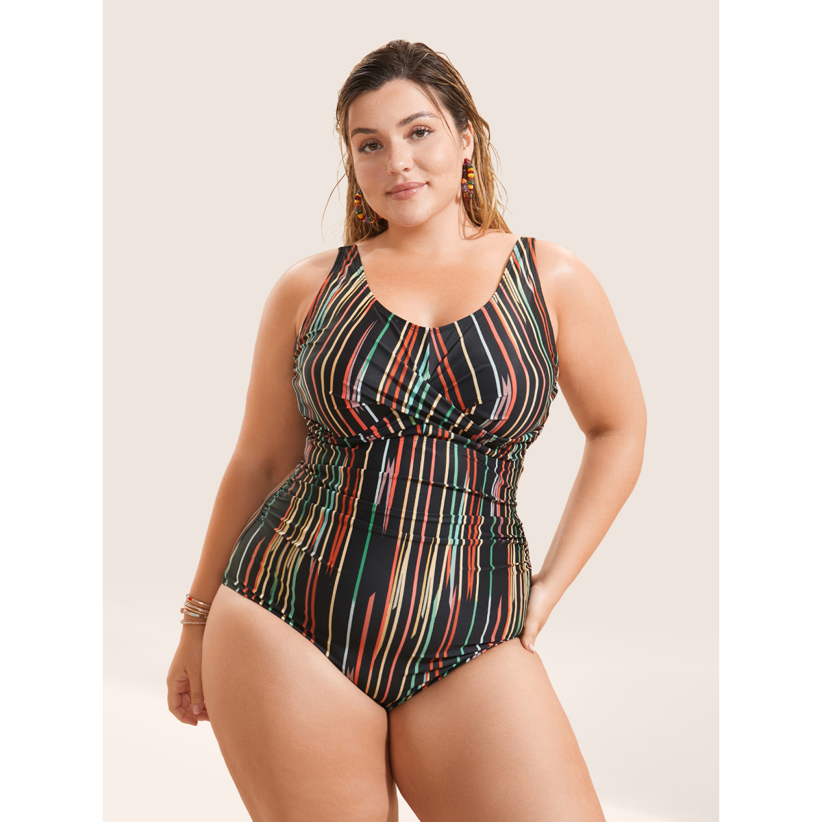 

Plus Size U Neck Stripes Crossover One Piece Swimsuit Women's Swimwear Multicolor Beach Twist Curve Bathing Suits High stretch One Pieces BloomChic