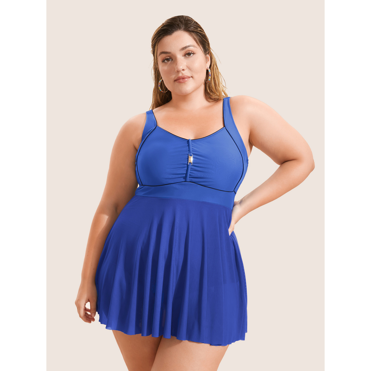

Plus Size Solid Heart Neckline Gathered Dress Women's Swimwear Blue Beach Bodycon High stretch Curve Swim Dresses BloomChic