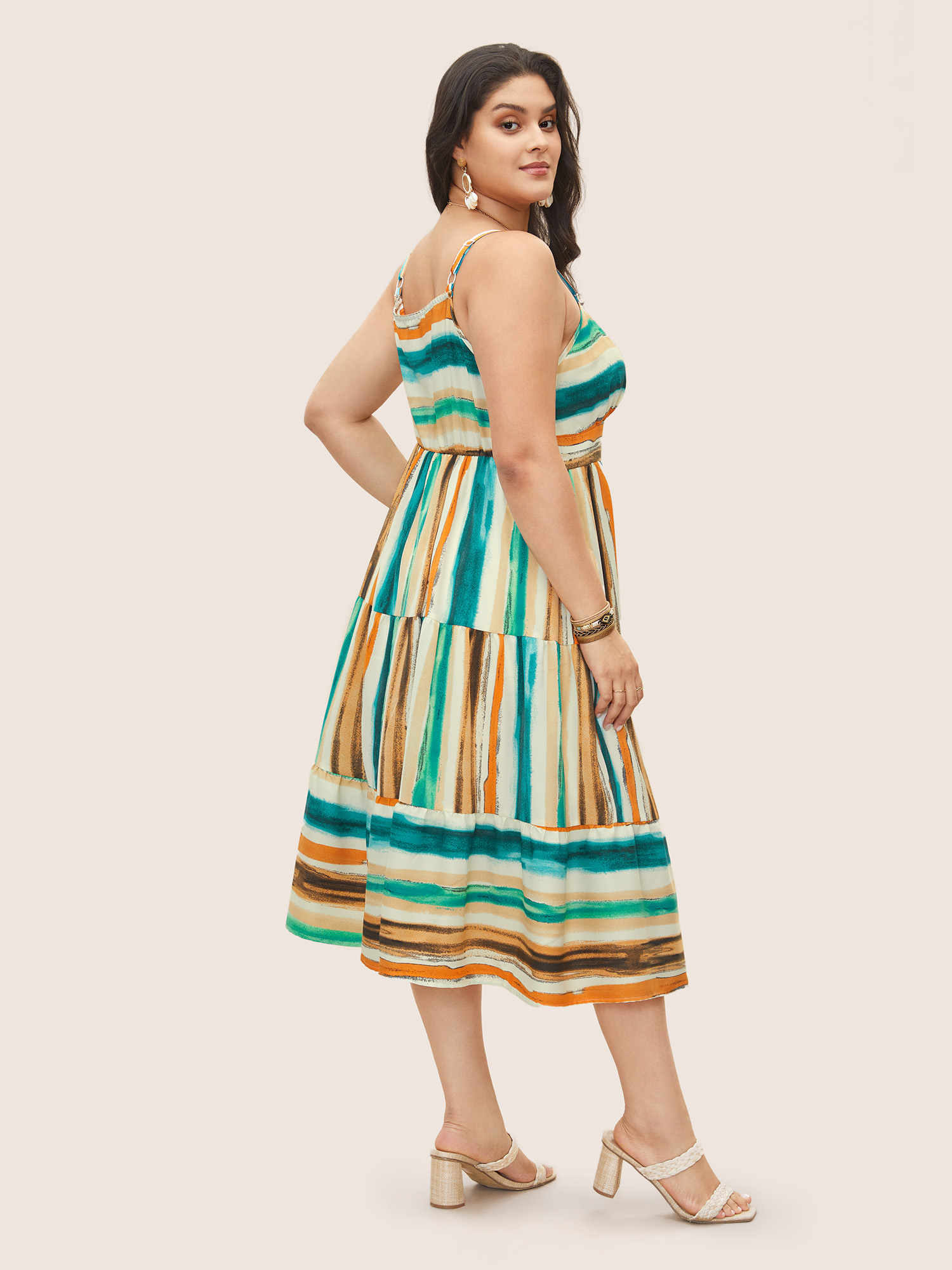 

Plus Size Colored Stripes Drawstring Patchwork Hem Cami Dress Emerald Women Patchwork Curvy Midi Dress BloomChic