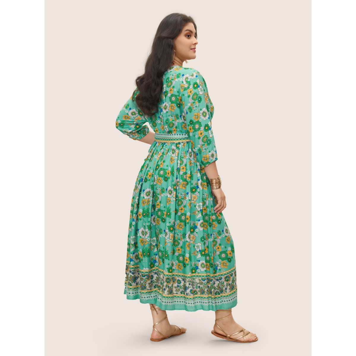 

Plus Size Bandana Print Surplice Neck Lantern Sleeve Dress Emerald Women Overlapping Curvy Midi Dress BloomChic