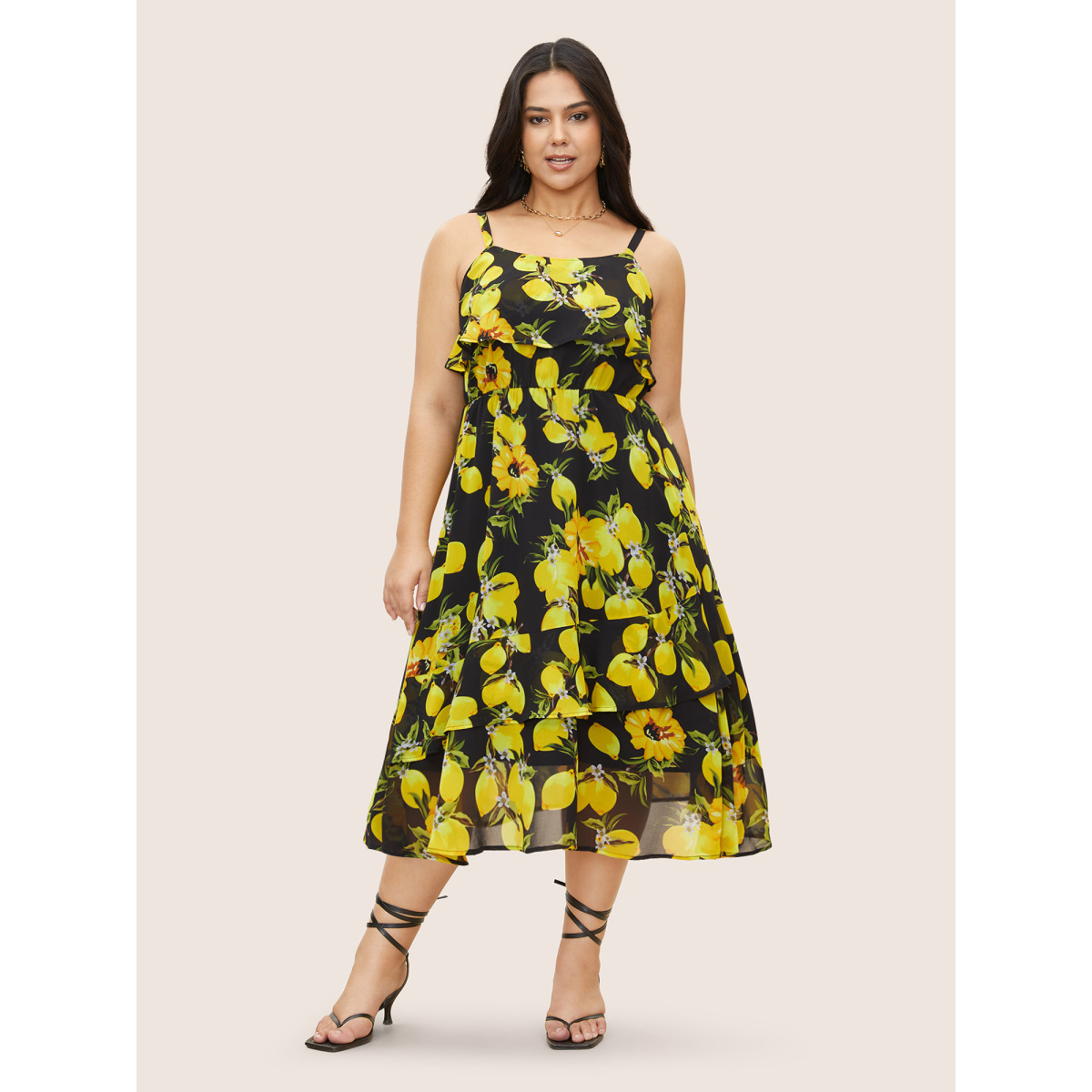 

Plus Size Citrus Lemon Print Ruffle Trim Belted Cami Dress Black Women Gathered Curvy Midi Dress BloomChic