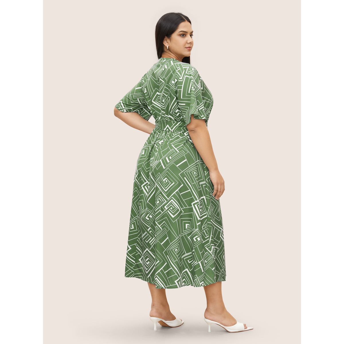 

Plus Size Geometric Flat Collar With V Notch Ruffle Sleeve Belted Dress Mint Women Belted Curvy Midi Dress BloomChic