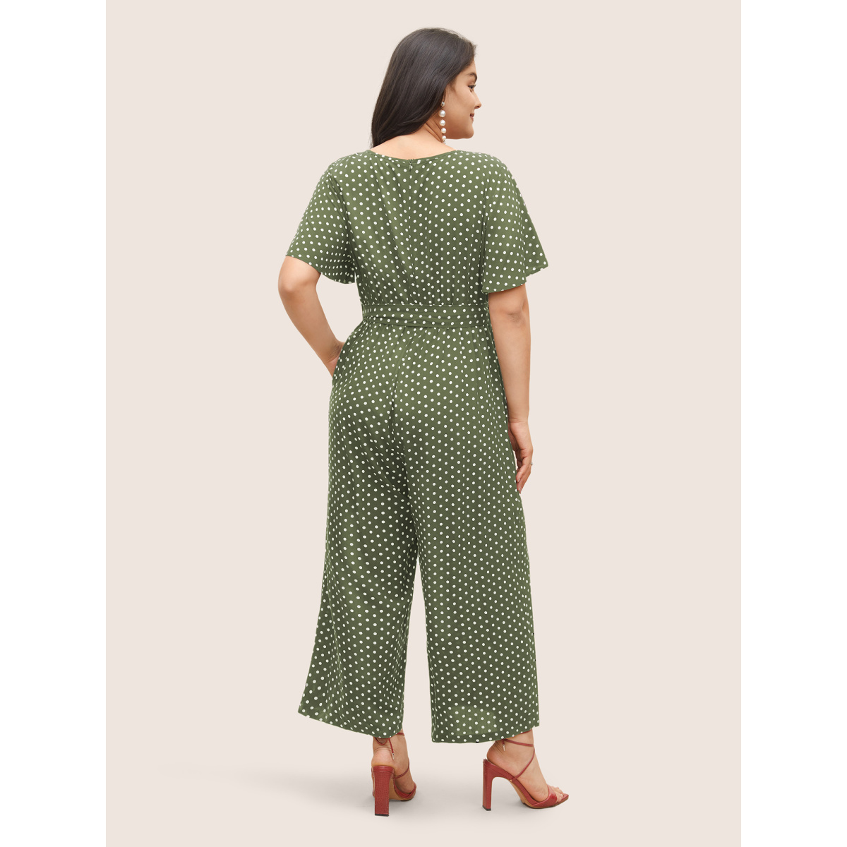 

Plus Size Sage Polka Dot Cut Out Zipper Belted Jumpsuit Women Elegant Short sleeve Notched collar Everyday Loose Jumpsuits BloomChic