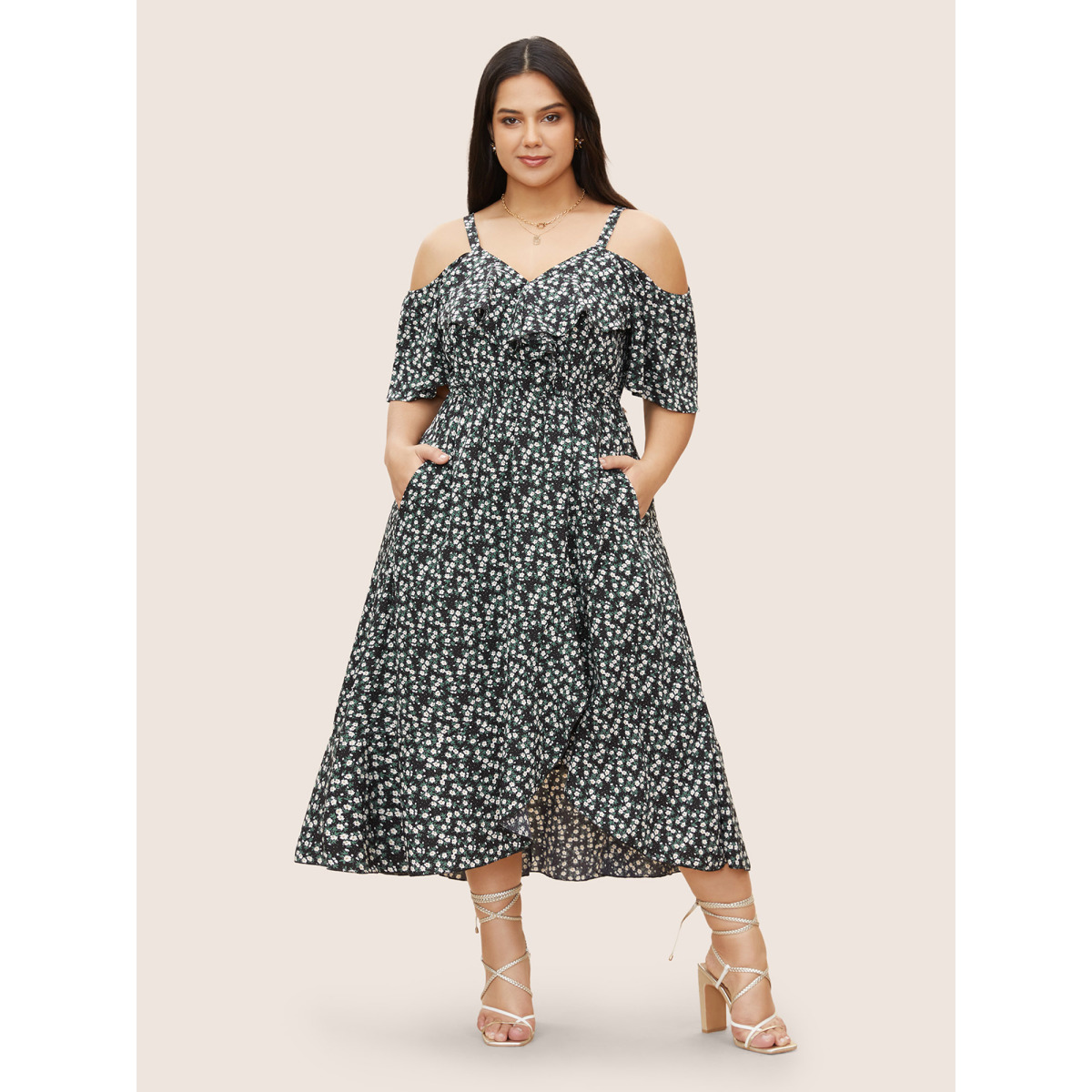 

Plus Size Ditsy Floral Pocket Wrap Cold Shoulder Ruffle Dress Black Women Non Overlap Collar Curvy Midi Dress BloomChic