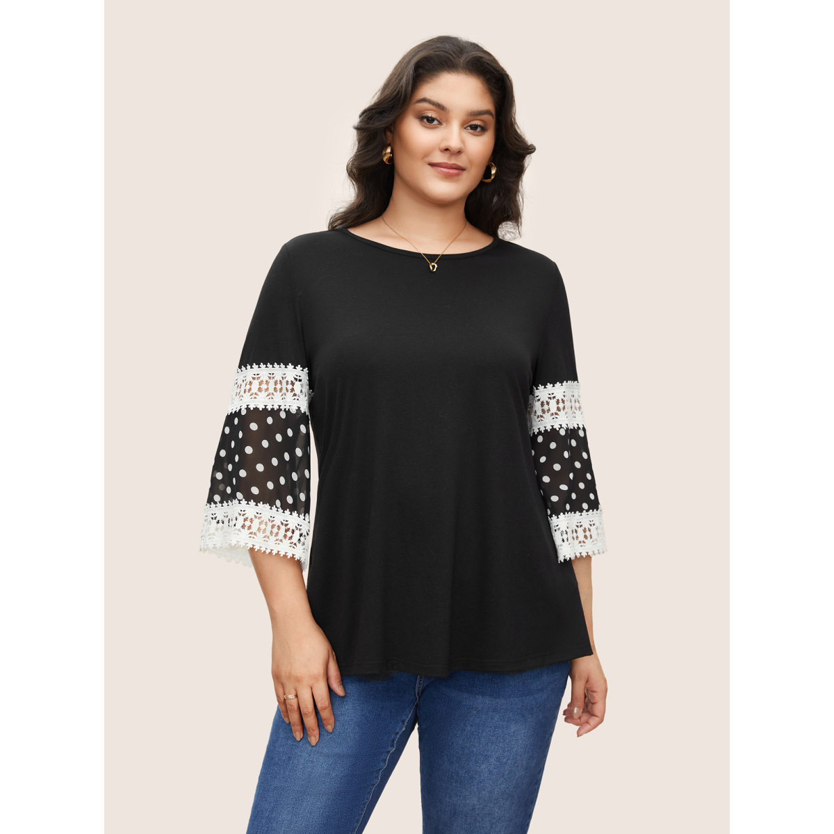 

Plus Size Polka Dot Patchwork Lace Panel Bell Sleeve T-shirt Black Women Elegant Woven ribbon&lace trim Round Neck Everyday T-shirts BloomChic
