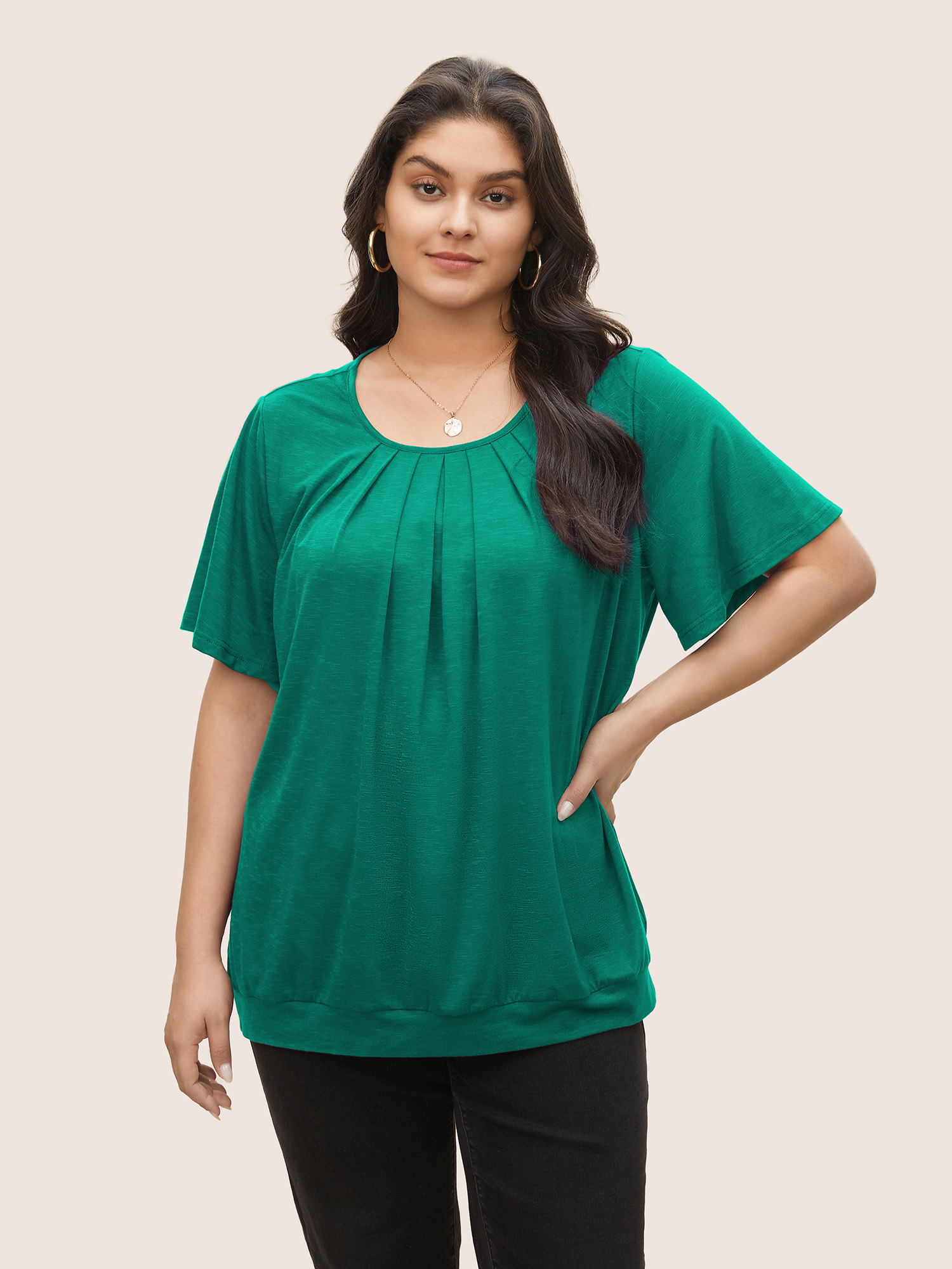 

Plus Size Solid Plicated Detail Flutter Sleeve T-shirt Teal Women Elegant Non Plain Round Neck Everyday T-shirts BloomChic