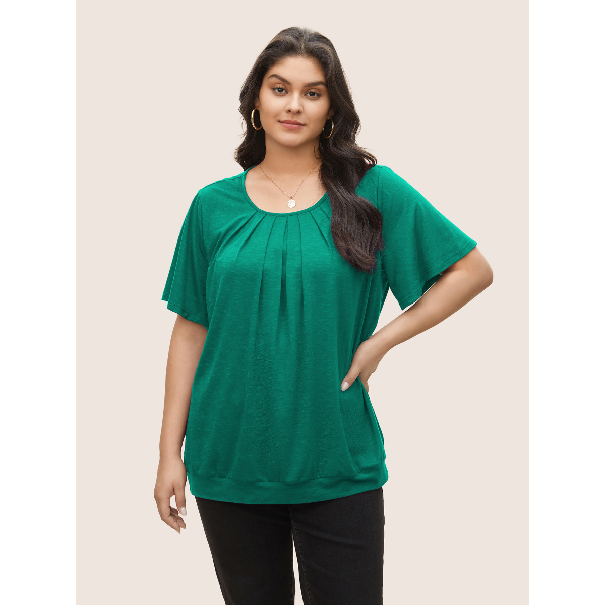 

Plus Size Solid Plicated Detail Flutter Sleeve T-shirt Teal Women Elegant Non Plain Round Neck Everyday T-shirts BloomChic