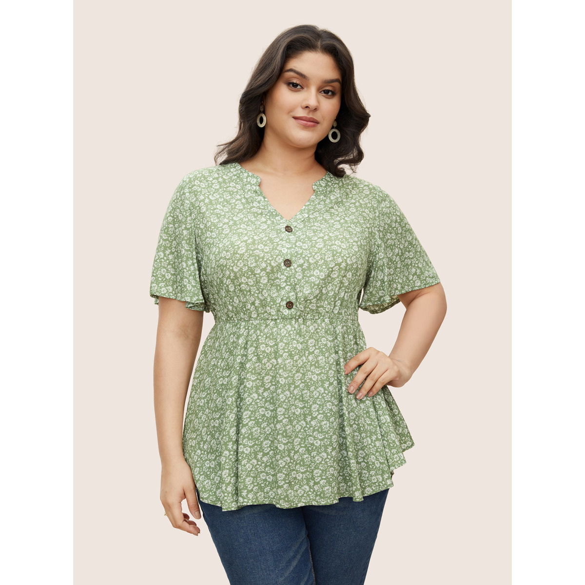 

Plus Size Mint Ditsy Floral Notched Button Detail Blouse Women Elegant Short sleeve V-neck Everyday Blouses BloomChic