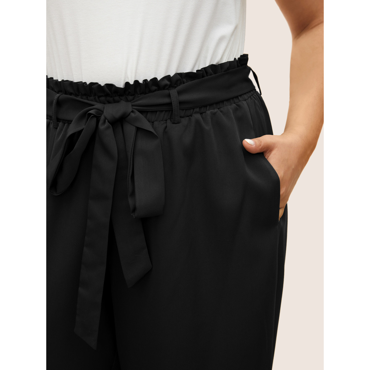 

Plus Size Plain Paperbag Waist Belted Wide Leg Pants Women Black Elegant Wide Leg High Rise Everyday Pants BloomChic