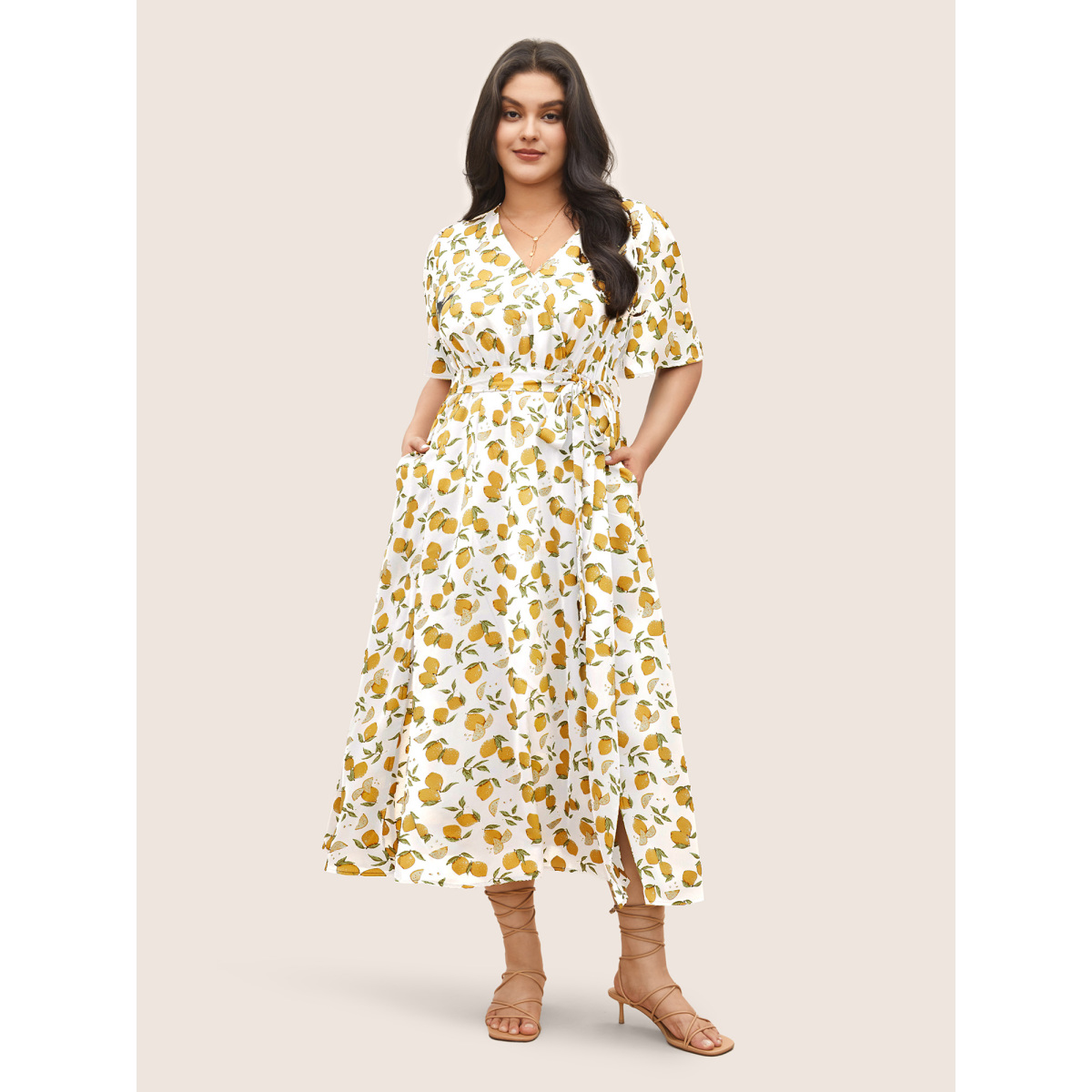 

Plus Size Citrus Lemons Print Belted Surplice Neck Split Side Dress Ivory Women Non Overlap Collar Short sleeve Curvy Midi Dress BloomChic