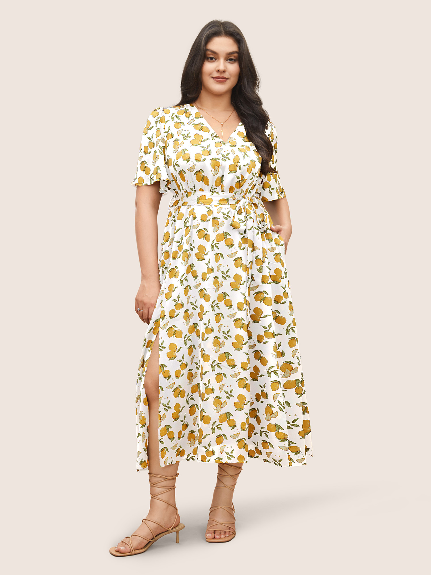 

Plus Size Citrus Lemons Print Belted Surplice Neck Split Side Dress Ivory Women Non Overlap Collar Short sleeve Curvy Midi Dress BloomChic