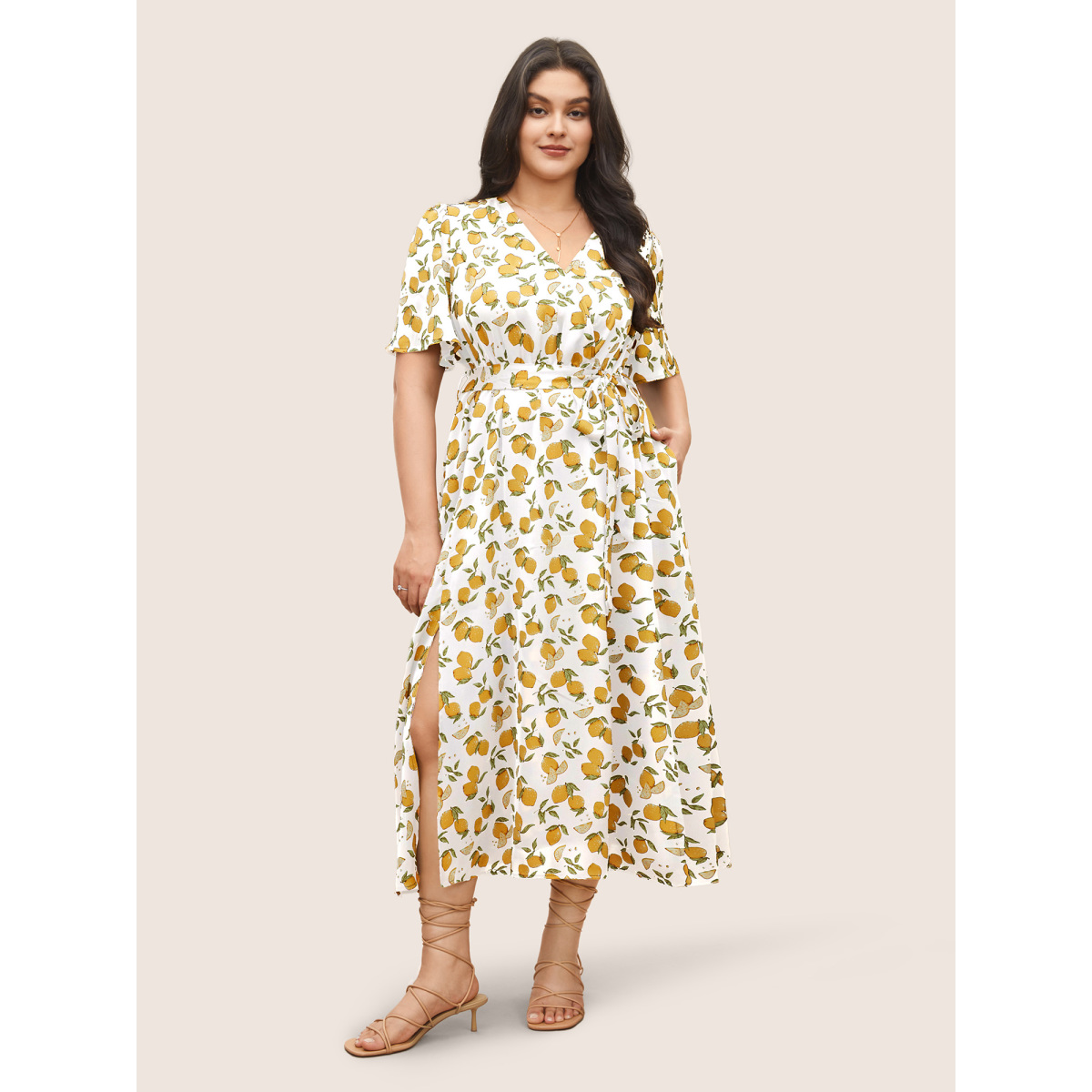 

Plus Size Citrus Lemons Print Belted Surplice Neck Split Side Dress Ivory Women Non Overlap Collar Short sleeve Curvy Midi Dress BloomChic