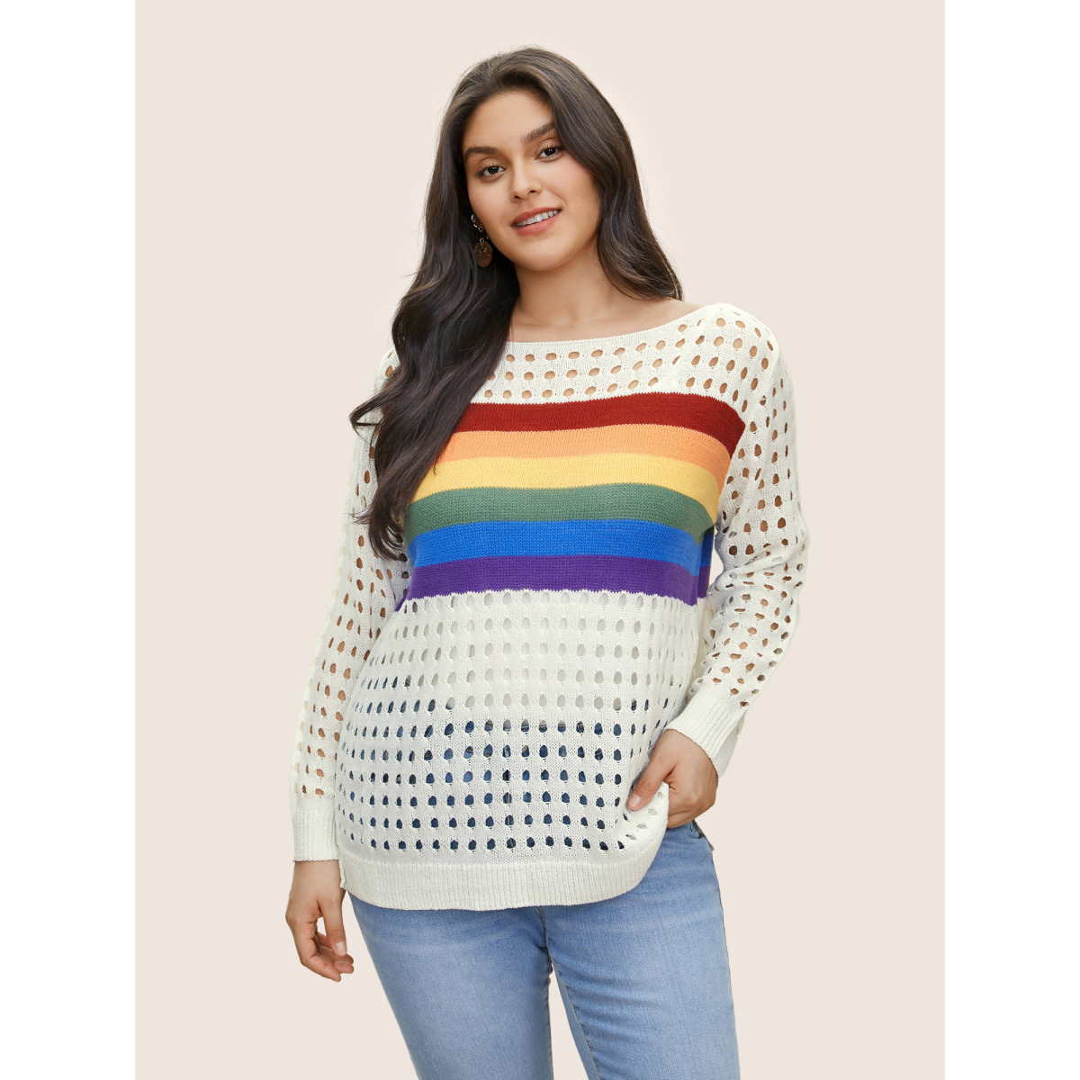 

Contrast Striped Boat Neck Cut Out Sweater T-shirt Plus Size White Women Contrast Rainbow Boat Neck Long Sleeve  Bloomchic