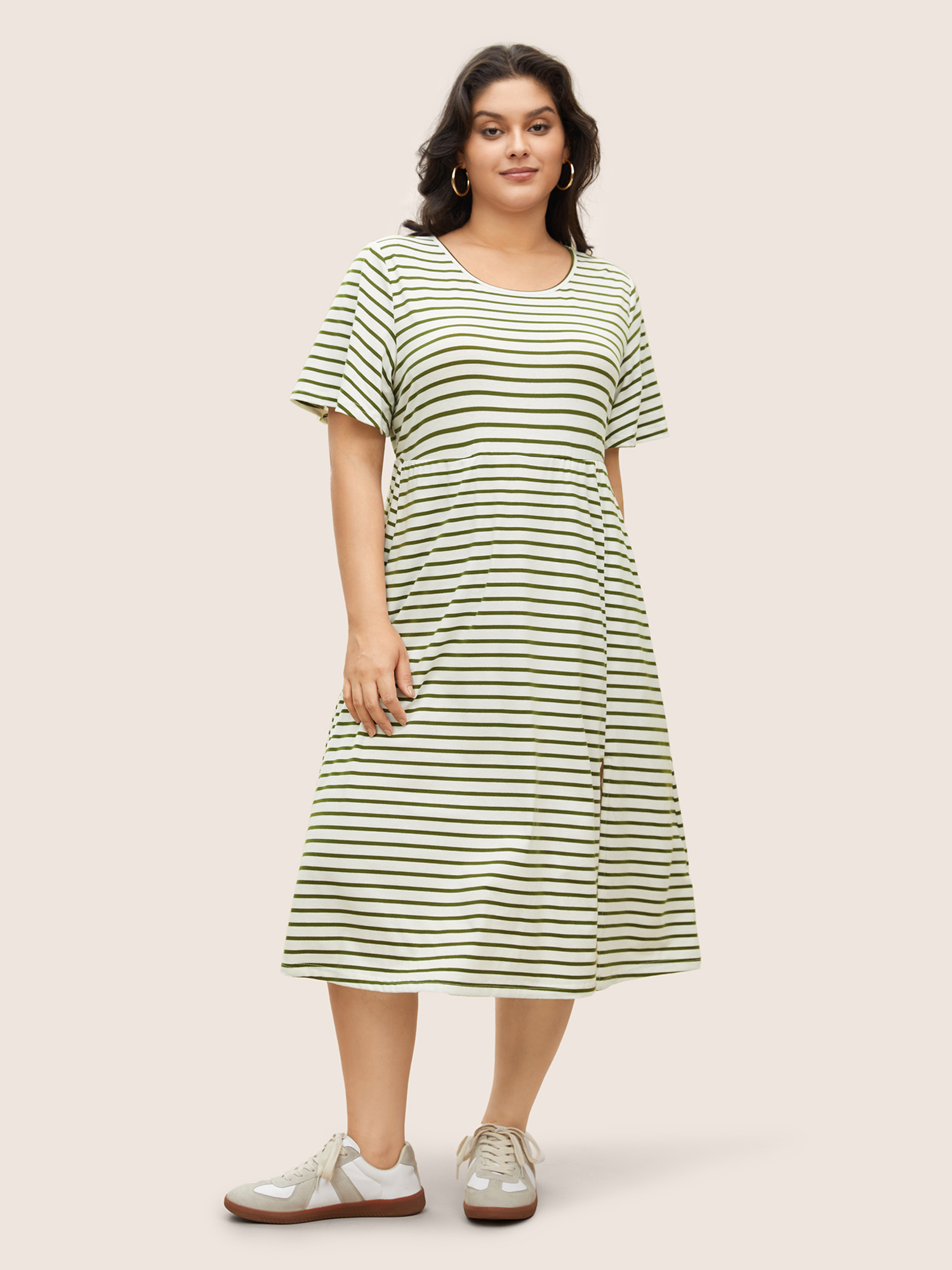 

Plus Size Stripes Round Neck Split Side Pocket Dress Moss Women Slit Curvy Midi Dress BloomChic