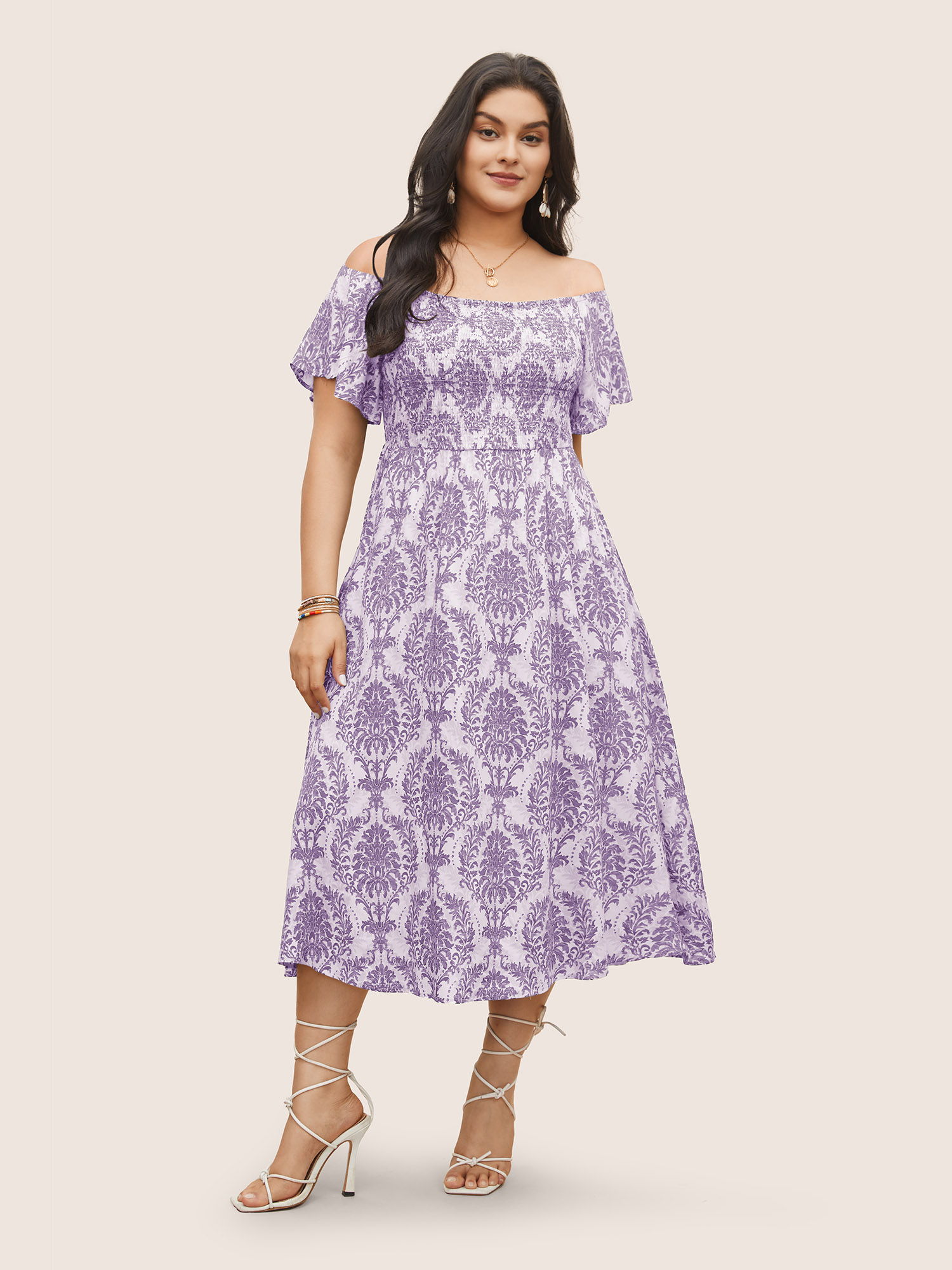 

Plus Size Bandana Print Shirred Off Shoulder Dress Lavender Women Non One-shoulder neck Short sleeve Curvy Midi Dress BloomChic