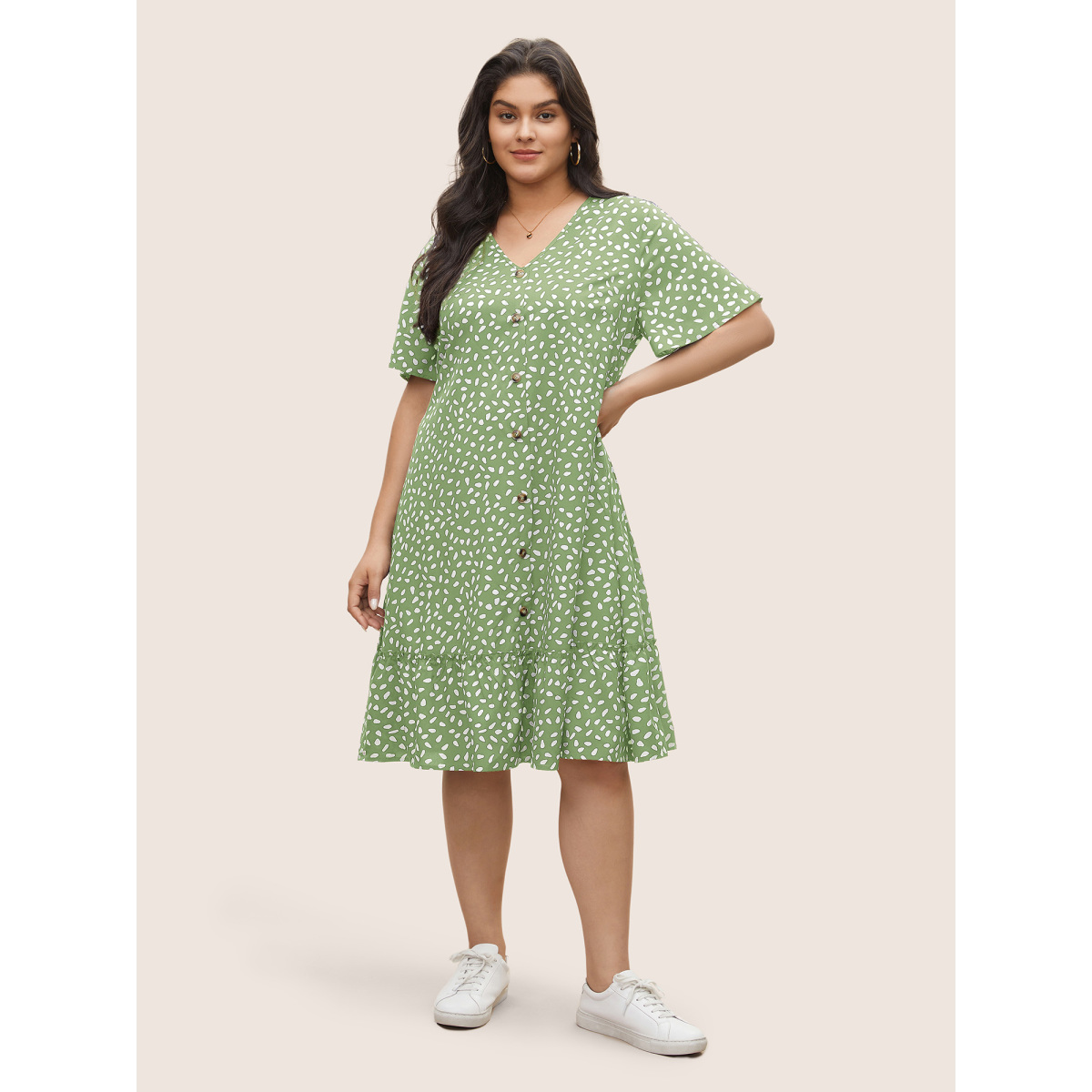 

Plus Size Polka Dot Button Detail Flutter Layered Hem Dress Mint Women Non V-neck Short sleeve Curvy Midi Dress BloomChic