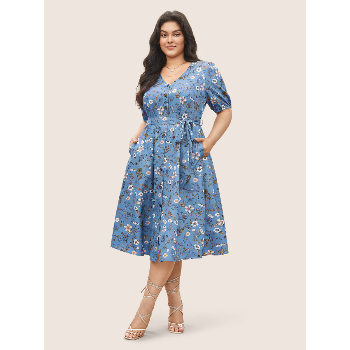 

Plus Size Ditsy Floral Belted Lantern Sleeve Button Up Dress Cerulean Women Non V-neck Short sleeve Curvy Midi Dress BloomChic