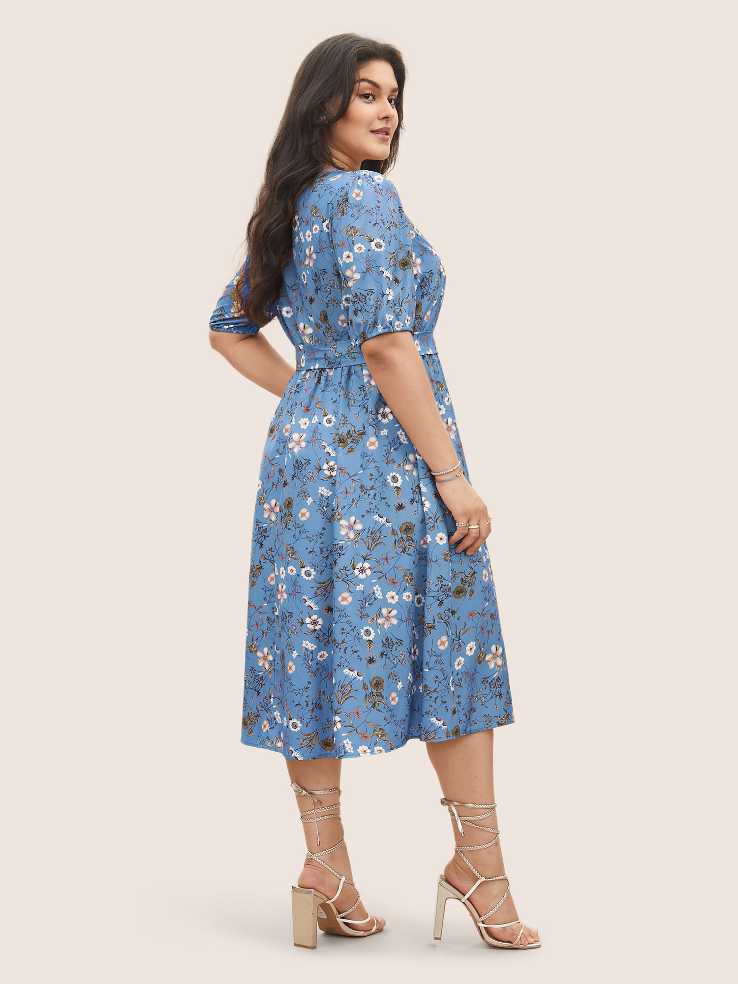 

Plus Size Ditsy Floral Belted Lantern Sleeve Button Up Dress Cerulean Women Non V-neck Short sleeve Curvy Midi Dress BloomChic
