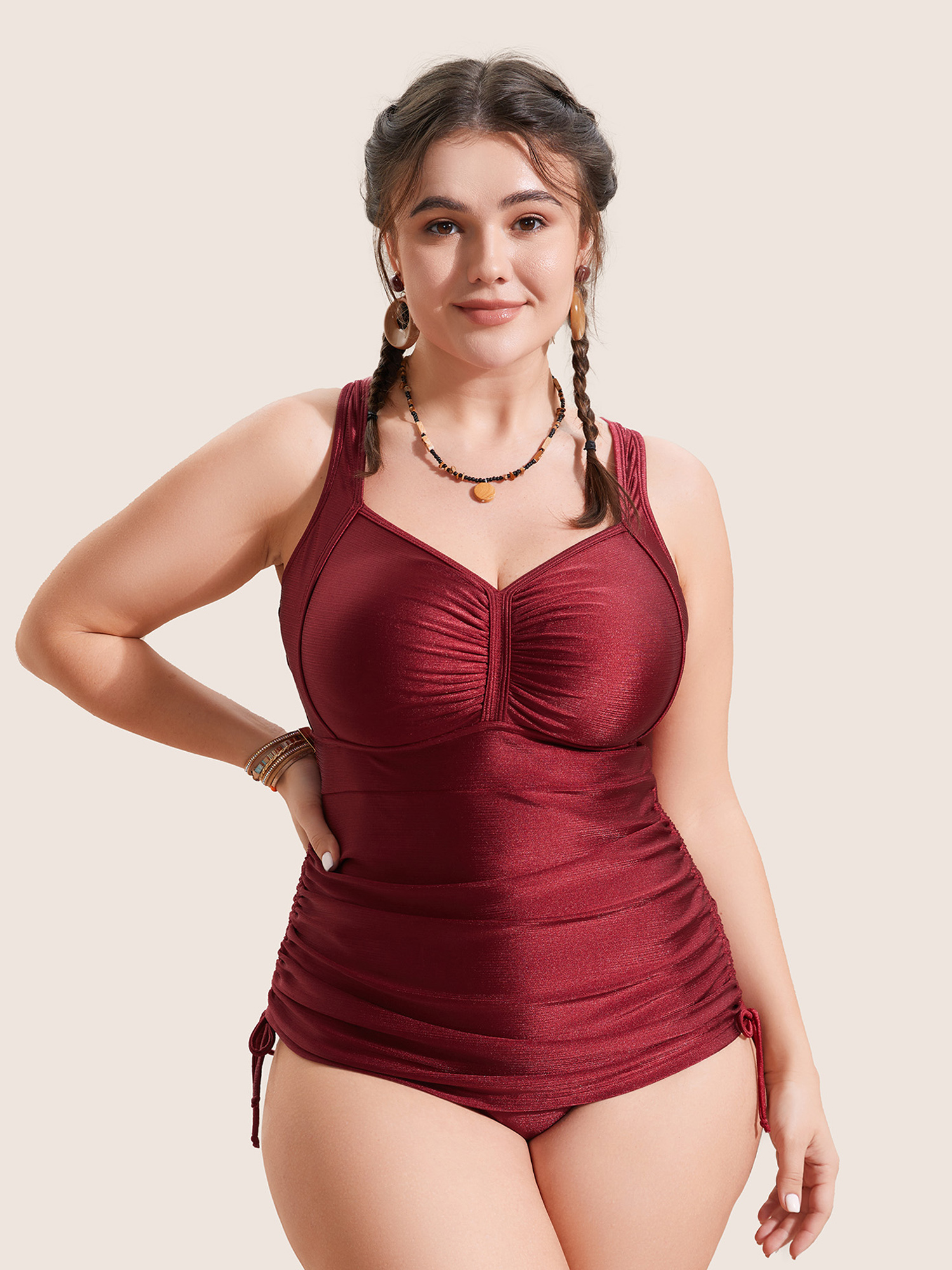 

Plus Size Ruched Skinny Drawstring Heart Neckline One Piece Swimsuit Women's Swimwear Burgundy Beach Gathered Curve Bathing Suits High stretch One Pieces BloomChic