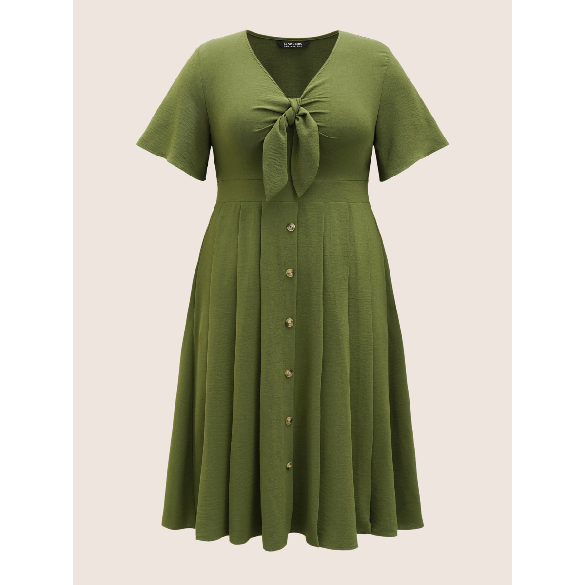 

Plus Size Plain Tie Knot Button Detail Shirred Dress ArmyGreen Women Tie knot Curvy Midi Dress BloomChic