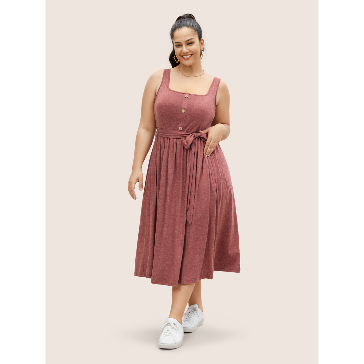 

Plus Size Supersoft Essentials Button Detail Belted Gathered Dress Scarlet Women Gathered Square Neck Sleeveless Curvy Midi Dress BloomChic