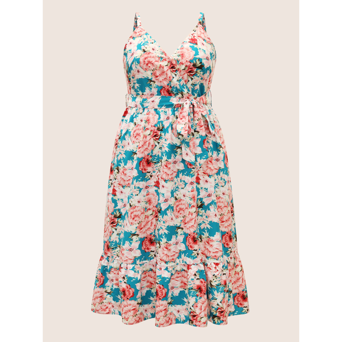 

Plus Size Floral Print Wrap Belted Cami Dress Cerulean Women Overlapping Curvy Midi Dress BloomChic