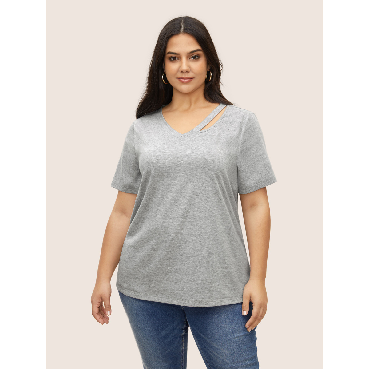 

Plus Size V Neck Solid Heather Cut Out T-shirt Gray Women Casual Cut-Out V-neck Everyday T-shirts BloomChic