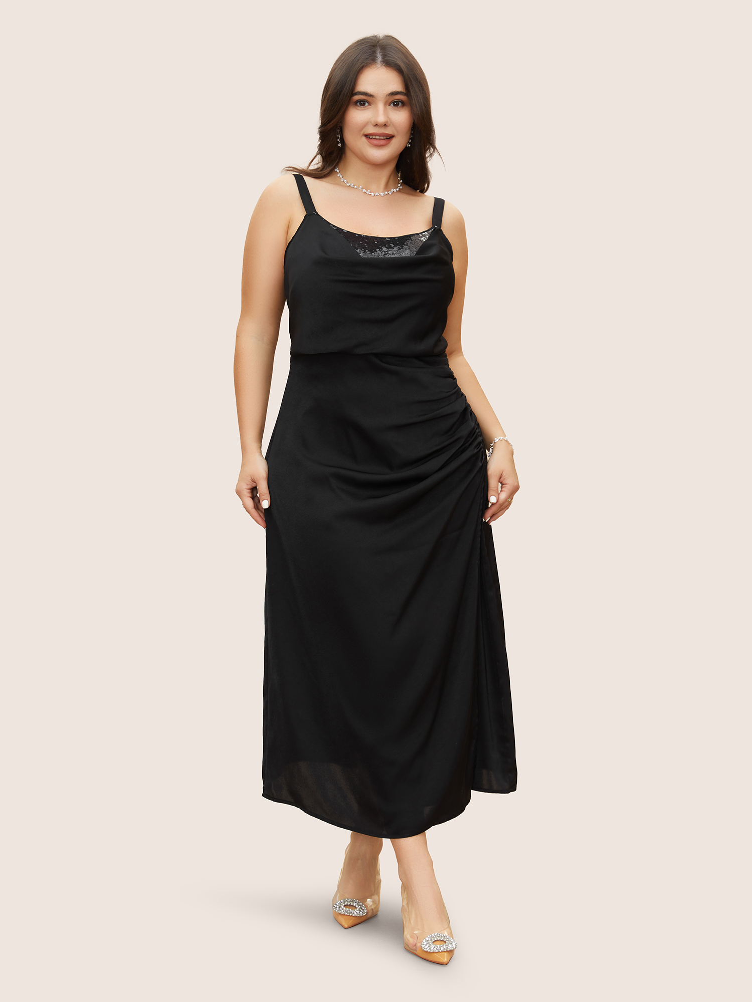 

Plus Size Sequin Cowl Neck Ruched Cami Dress Black Women Woven ribbon&lace trim Cowl Neck Sleeveless Curvy BloomChic