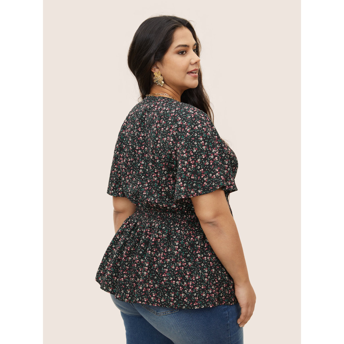 

Plus Size Black Ditsy Floral Shirred Frill Trim Blouse Women Elegant Short sleeve Notched collar Everyday Blouses BloomChic