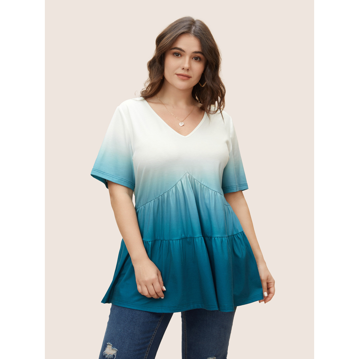 

Plus Size V Neck Ombre Ruffle Layered Hem T-shirt Aegean Women Casual Contrast V-neck Everyday T-shirts BloomChic