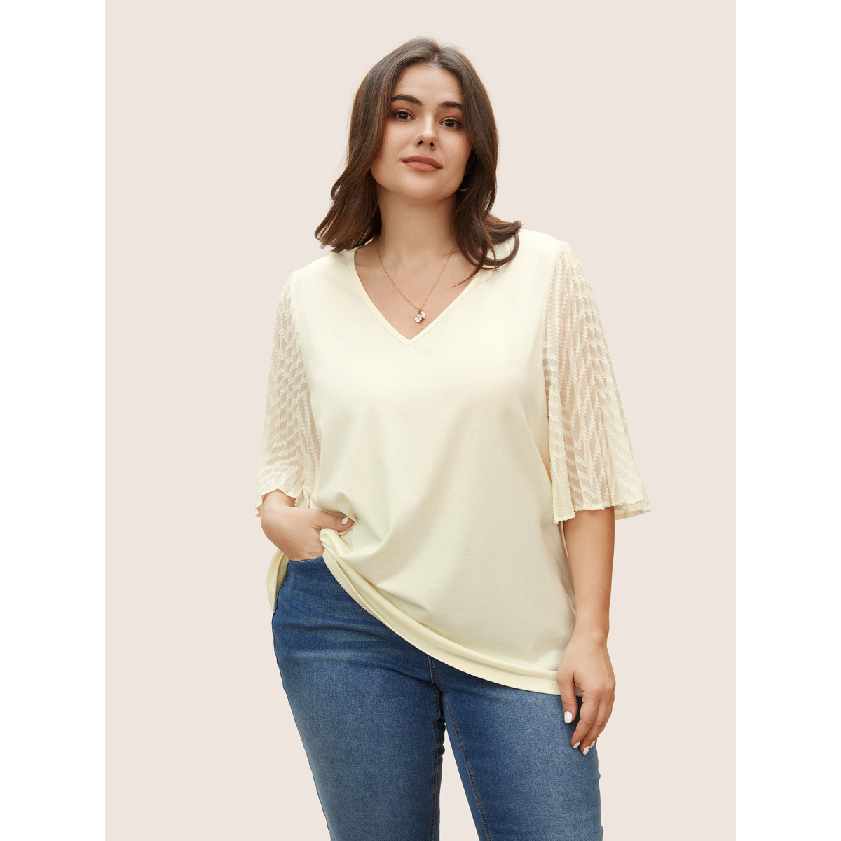 

Plus Size Textured Patchwork Pleated Bell Sleeve T-shirt Beige Women Elegant Pleated V-neck Everyday T-shirts BloomChic