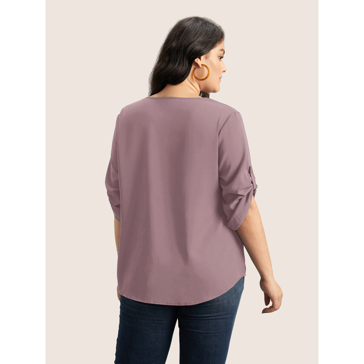 

Plus Size Mauve Anti-Wrinkle Plain Pleated Tab Sleeve Blouse Women At the Office Elbow-length sleeve V-neck Work Blouses BloomChic