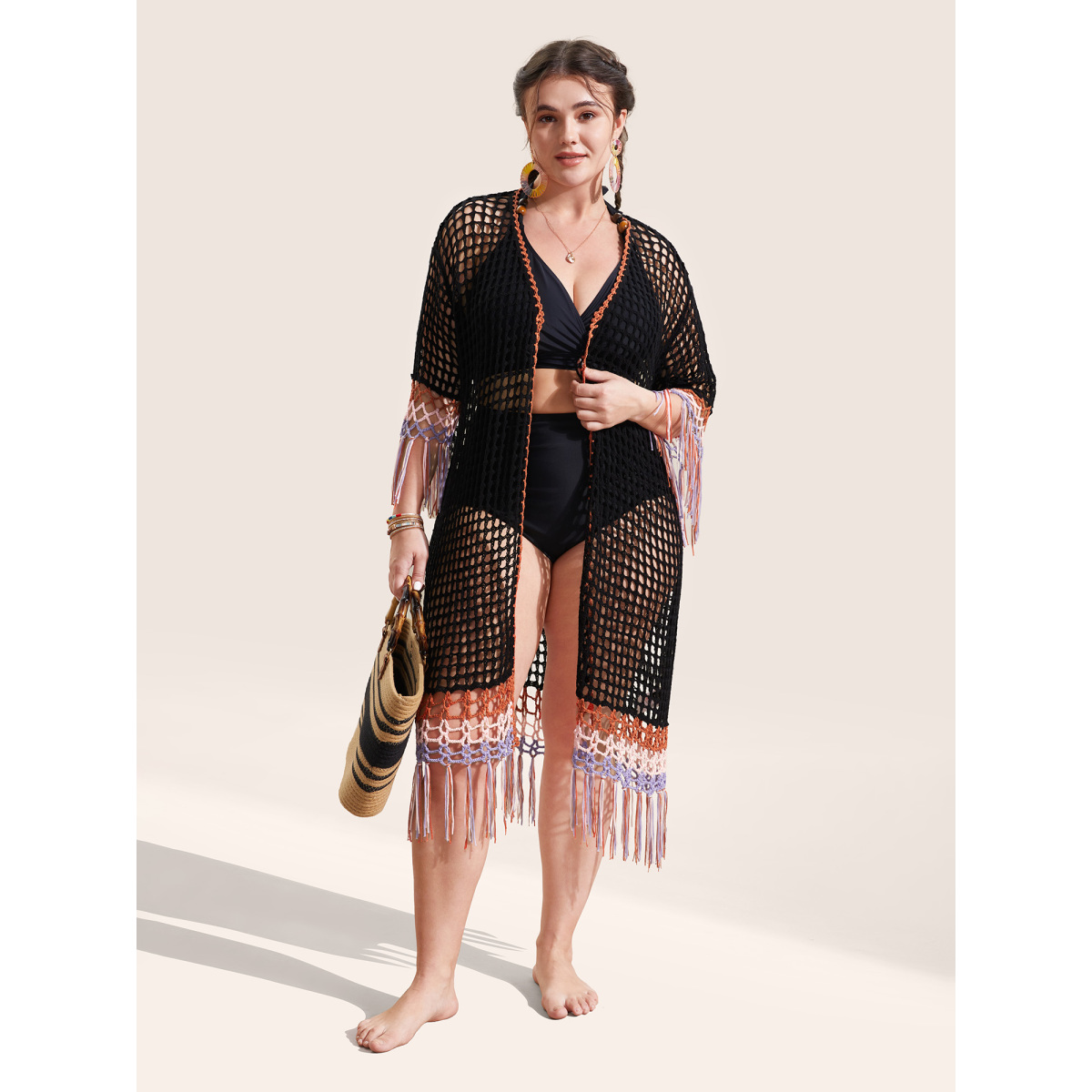 

Plus Size Crochet Cut Out Tassels Trim Swim Cover Up Women's Swimwear Black Beach Loose Crochet Curve Swim Cover Ups BloomChic