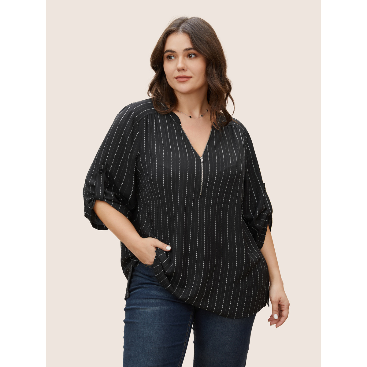 

Plus Size Black Striped Half Zip Tab Sleeve Blouse Women Work From Home Elbow-length sleeve Flat collar Work Blouses BloomChic