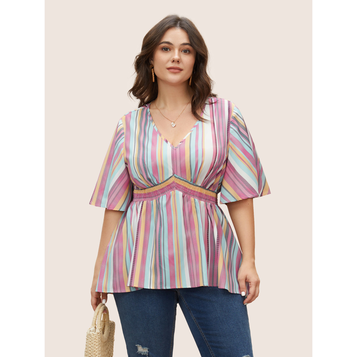 

Plus Size Pink Colored Striped Shirred Flutter Sleeve Blouse Women At the Office Half Sleeve V-neck Work Blouses BloomChic