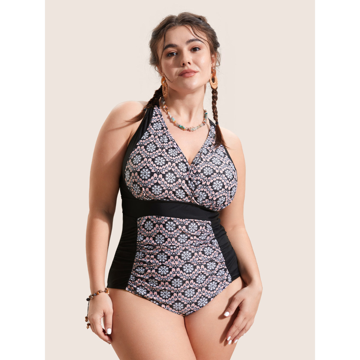

Plus Size Overlap Collar Boho Print Patchwork One Piece Swimsuit Women's Swimwear Black Beach Gathered Curve Bathing Suits High stretch One Pieces BloomChic