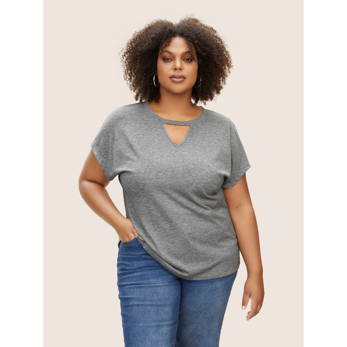 

Plus Size Plain Heather Keyhole Dolman Sleeve T-shirt DarkGray Women Casual Cut-Out Round Neck Everyday T-shirts BloomChic