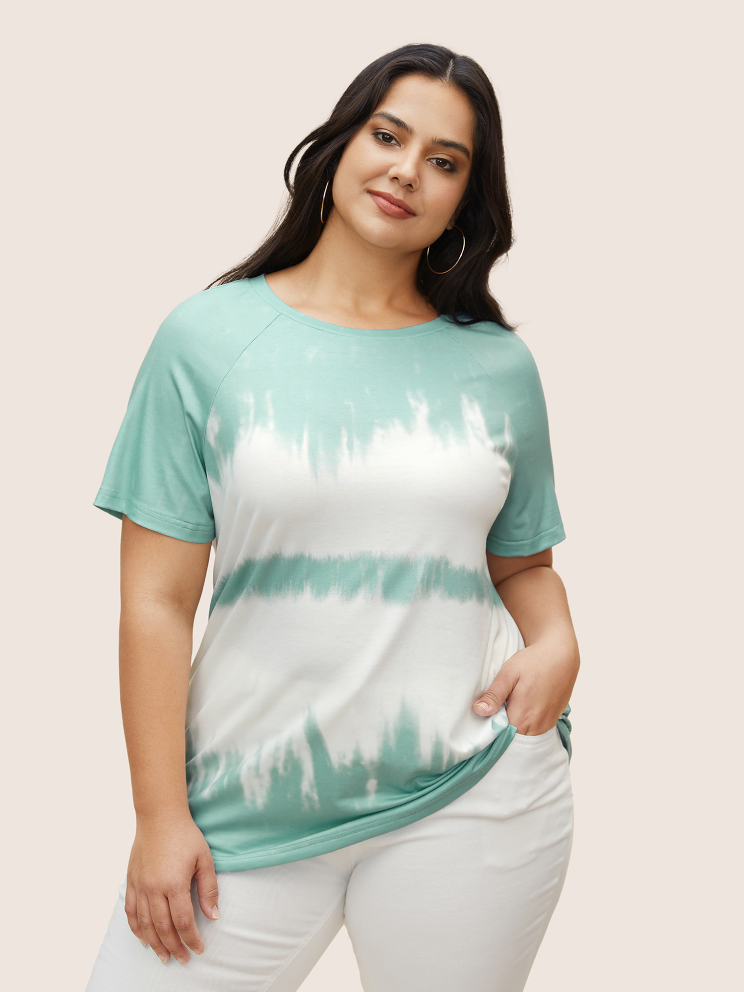 

Plus Size Tie Dye Round Neck Raglan Sleeve T-shirt Mint Women Casual Contrast Round Neck Everyday T-shirts BloomChic