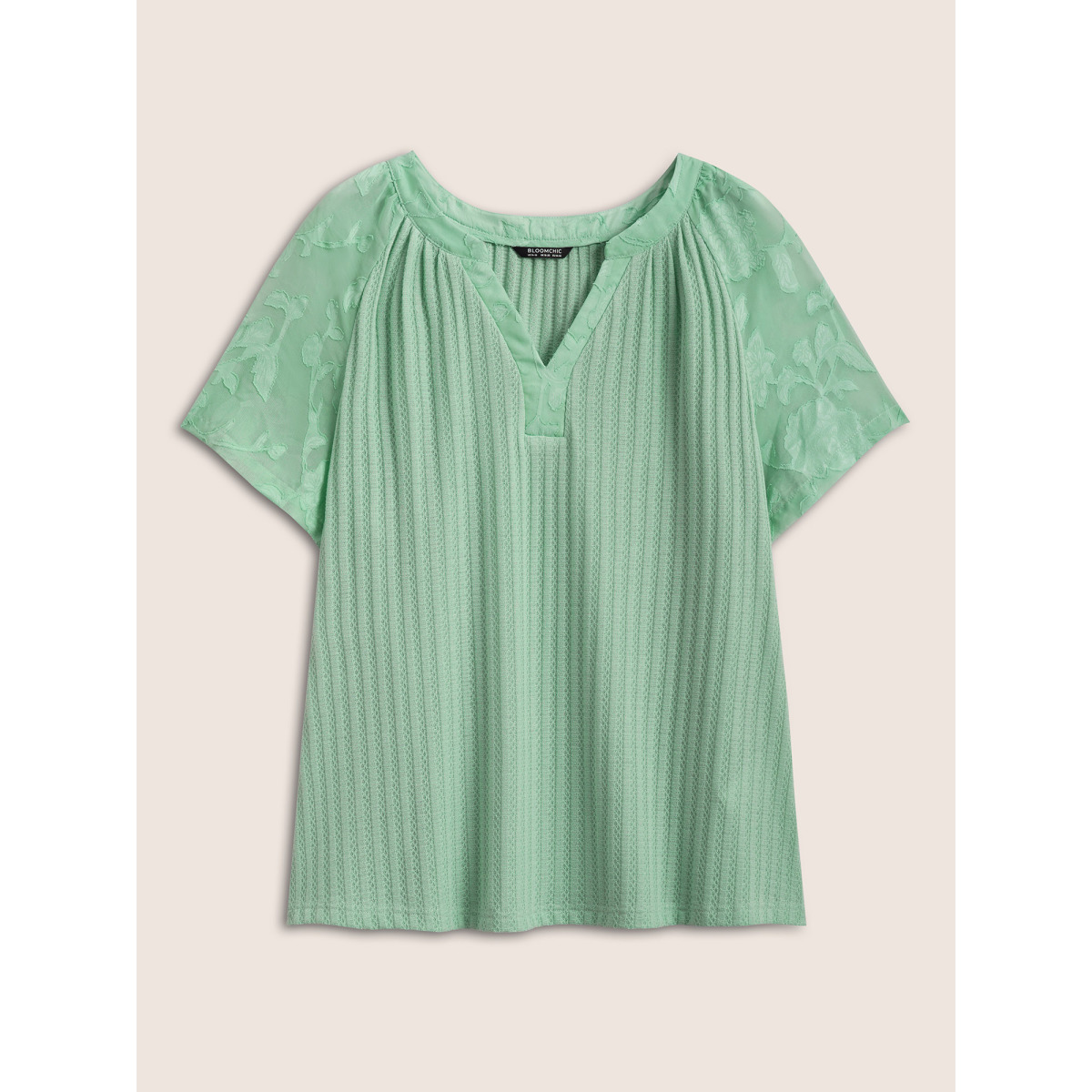 

Plus Size Texture Patchwork See Through Raglan Sleeve T-shirt Aquamarine Women Elegant Texture Notched collar Everyday T-shirts BloomChic