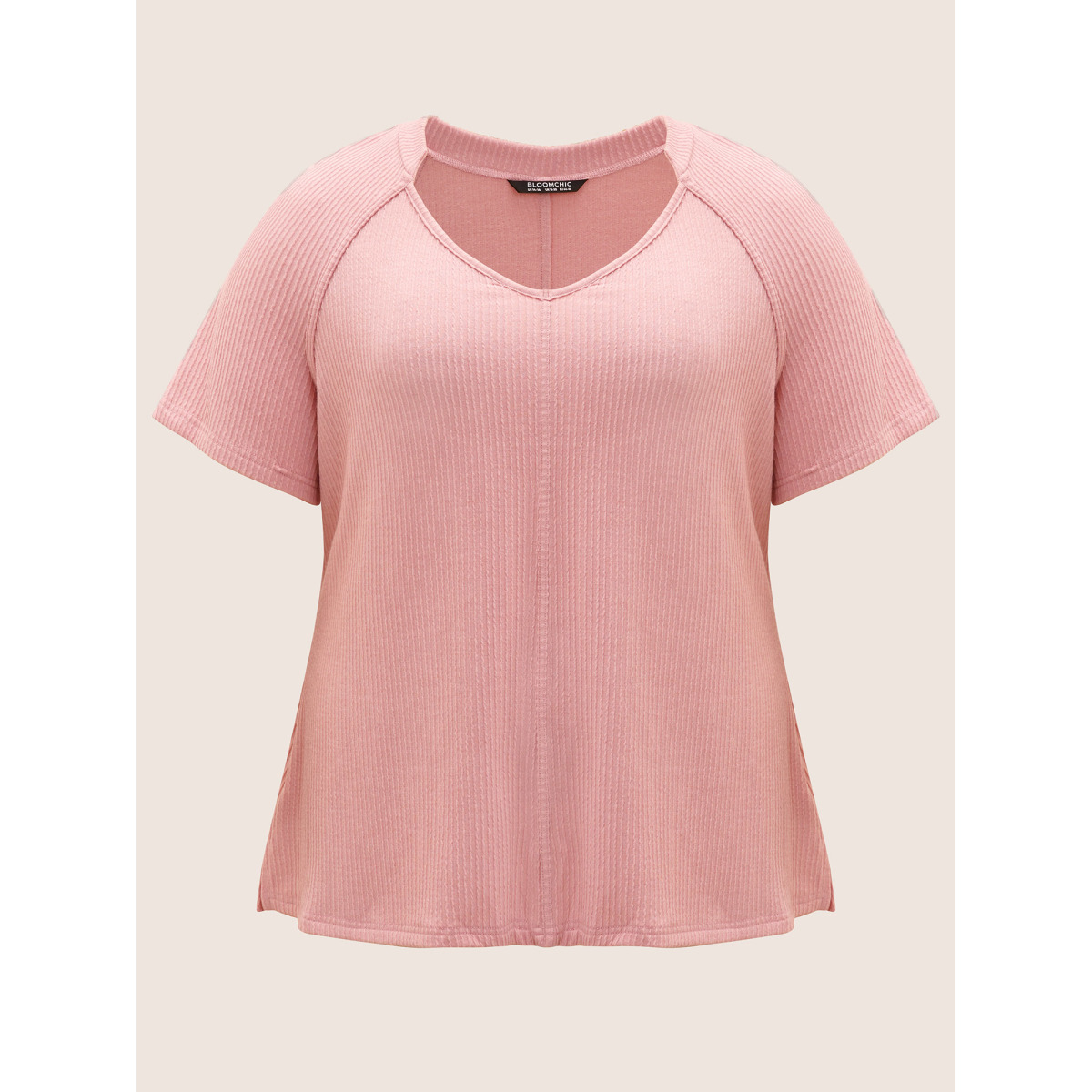 

Plus Size Plain Textured Raglan Sleeve Split Hem T-shirt Pink Women Casual Patchwork V-neck Everyday T-shirts BloomChic