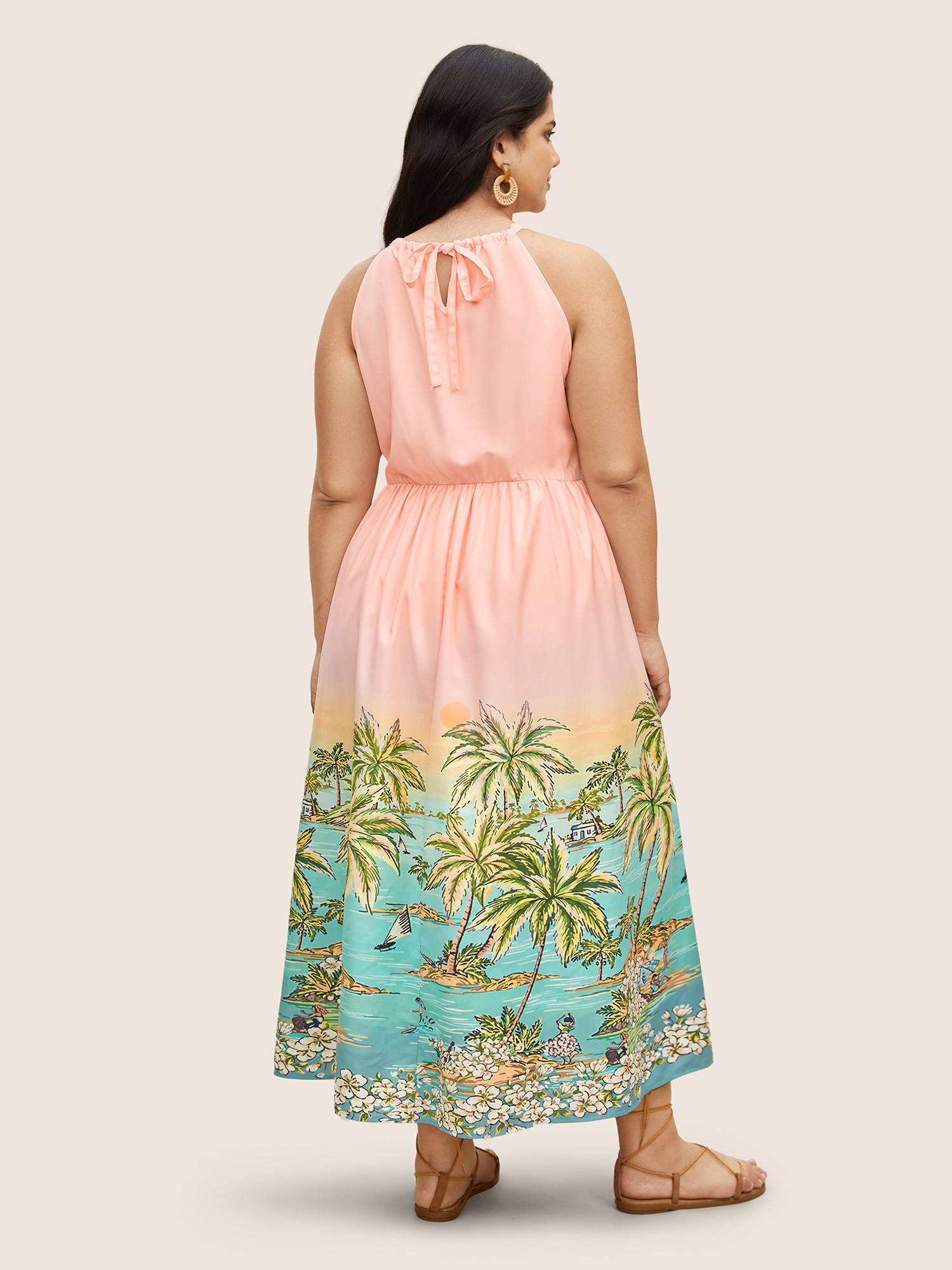

Plus Size Halter Neck Tropical Print Gathered Pocket Dress Pink Women Gathered Halter neck Sleeveless Curvy BloomChic