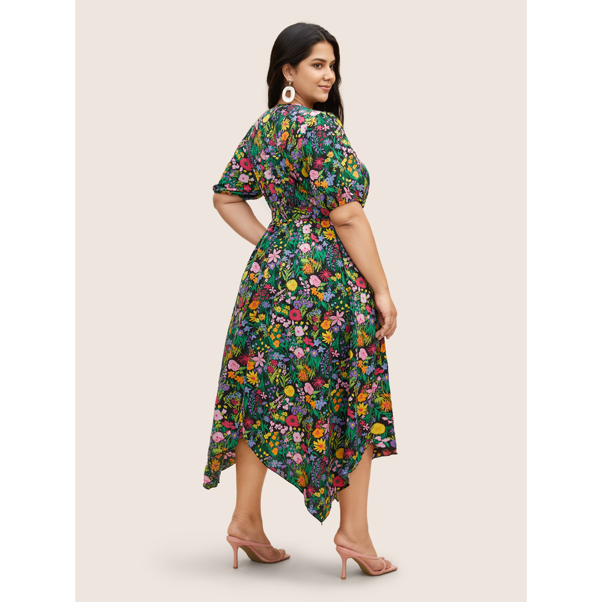 

Plus Size Floral Overlap Collar Belted Asymmetrical Hem Dress Black Women Overlapping V-neck Short sleeve Curvy Midi Dress BloomChic