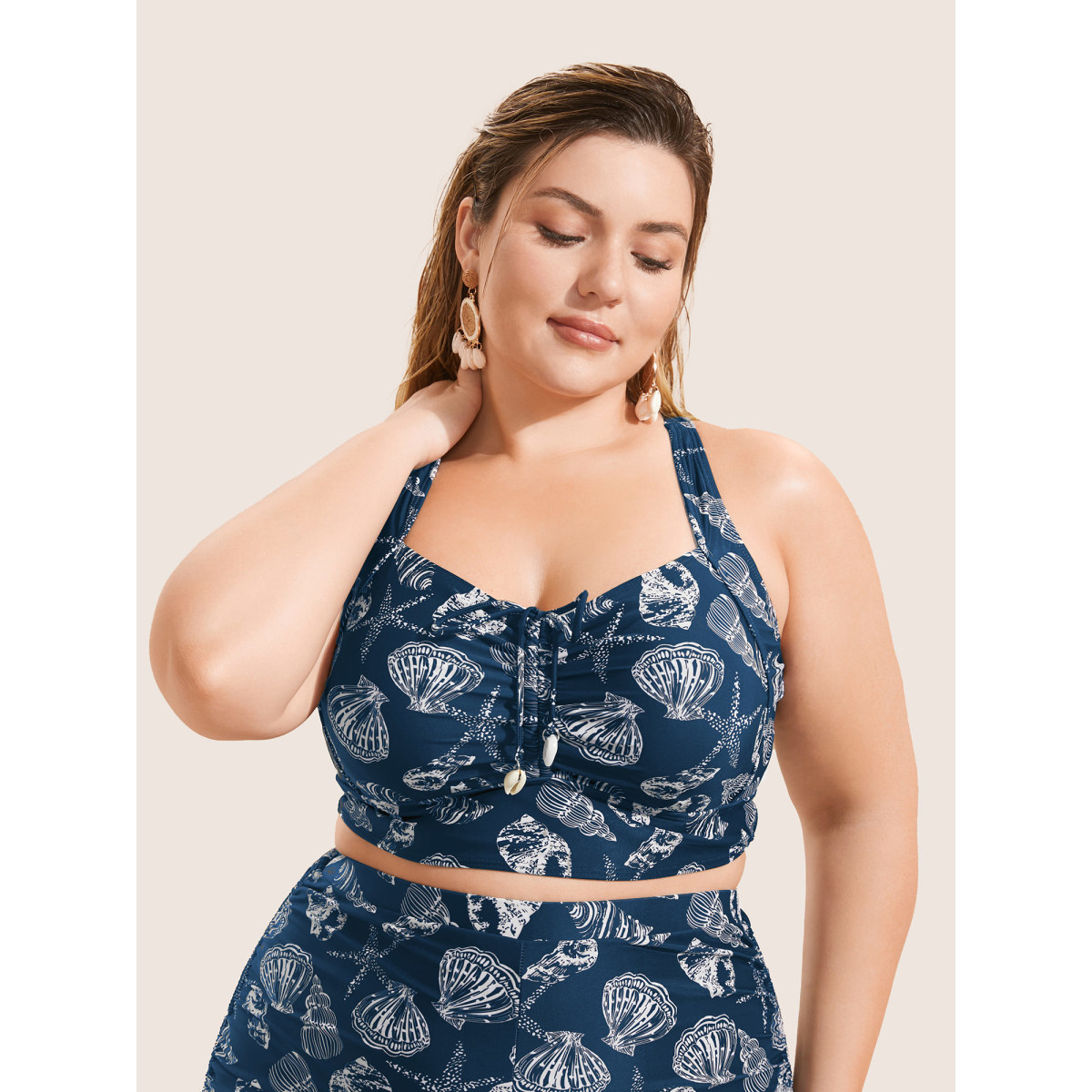 

Plus Size Shell Print Drawstring Ruched Skinny Swim Top Women's Swimwear Indigo Beach Gathered High stretch Skinny Heart neckline Curve Swim Tops BloomChic